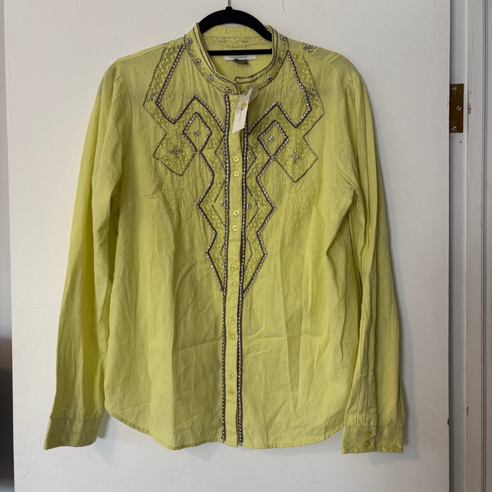 NWT Pilcro Anthropologie Nayeli Shirt Linen Cotton Embellished Button Down Top